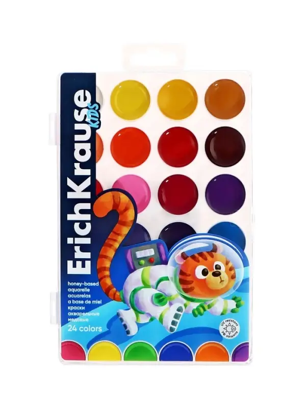 Акварель медовая ErichKrause Jolly Friends, 24 цвета, УФ-фильтр, матовые насыщенные цвета, пластиковая коробка с европодвесом