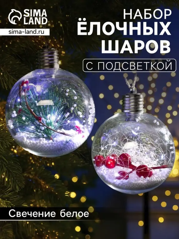Набор ёлочных шаров &laquo;Веточки и шишки&raquo;, 2 шт., d=10 см, 5 LED, от батареек, свечение белое