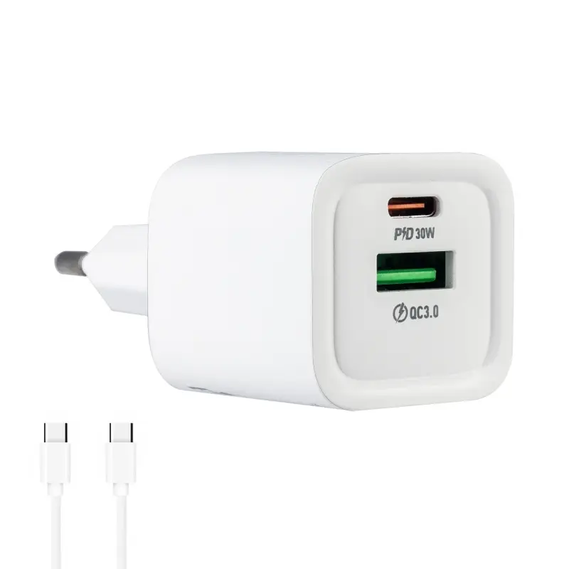 Сетевое зарядное устройство с кабелем Type-C на Type-C PD30W + USB QC3.0 C149A  HOCO белое