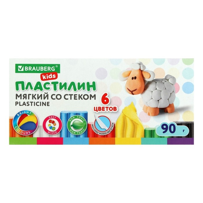 Пластилин мягкий, восковой, 6 цветов, 90 г, KIDS, со стеком Пластилин мягкий, восковой, 6 цветов, 90 г, KIDS, со стеком