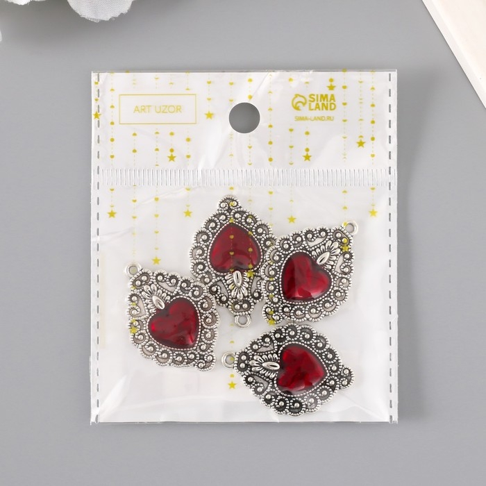 Декор для творчества металл Декор для творчества металл "Красное сердце ажур" серебро эмаль 3,5х2,4 см