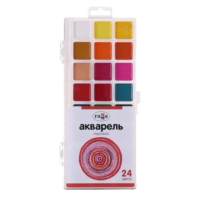 Акварель 24 цвета Гамма  Акварель 24 цвета Гамма "Орнамент", медовая, без кисти, пластиковая упаковка, европодвес