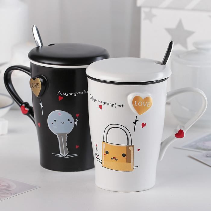 Набор кружек керамических с крышками и ложками &laquo;Узы любви&raquo;, 2 предмета: 400 мл, цвет МИКС