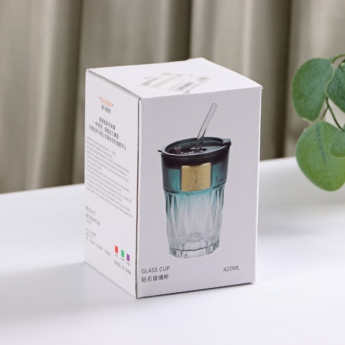 Стакан стеклянный с крышкой и трубочкой «Крона», 400 мл Стакан стеклянный с крышкой и трубочкой «Крона», 400 мл