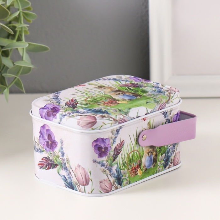 Шкатулка металл с ручкой Шкатулка металл с ручкой "Кролик с цыплёнком" 10,5х7,8х6,4 см