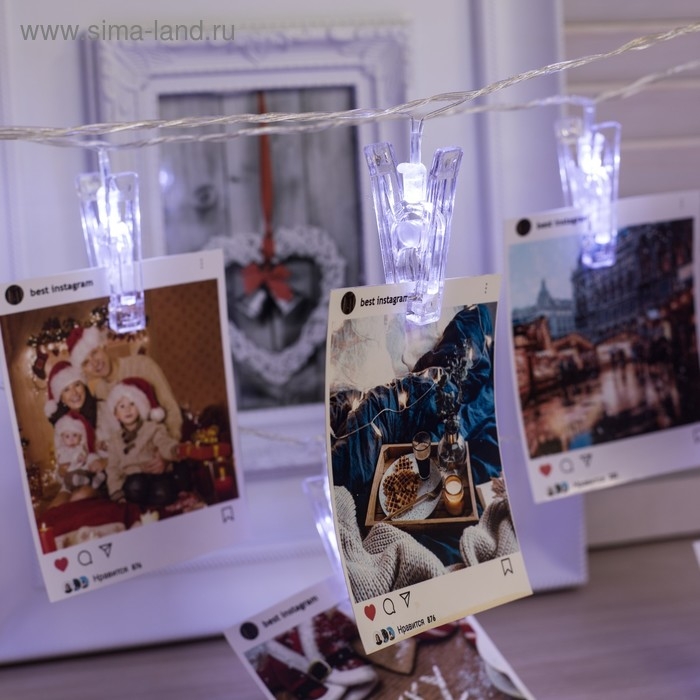 Гирлянда «Нить» 4.5 м с насадками «Прищепки», IP20, прозрачная нить, 20 LED, свечение белое 220 В Гирлянда «Нить» 4.5 м с насадками «Прищепки», IP20, прозрачная нить, 20 LED, свечение белое 220 В