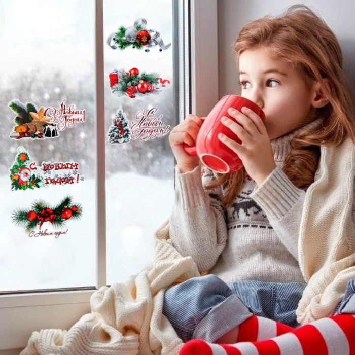 Набор наклеек на окна Набор наклеек на окна "Новогодний" 6 наклеек новогодних в наборе, 10 х 17,5 см