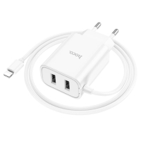 Сетевое зарядное устройство Hoco C103A, 2 USB, 2.1 А, встроенный кабель Lightning, 1 м,белое