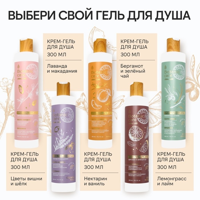 Гель для душа с маслом авокадо и витамином Е, 300 мл, аромат алоэ-вера и диких трав, BOTANIC CARE by URAL LAB Гель для душа с маслом авокадо и витамином Е, 300 мл, аромат алоэ-вера и диких трав, BOTANIC CARE by URAL LAB