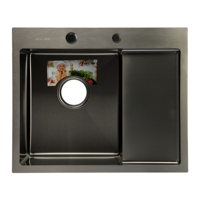 Мойка кухонная AFLORN AF95848F-L, врезная, левая, S=3 и 0,8 мм, 58х48х22 см, сифон, графит Мойка кухонная AFLORN AF95848F-L, врезная, левая, S=3 и 0,8 мм, 58х48х22 см, сифон, графит