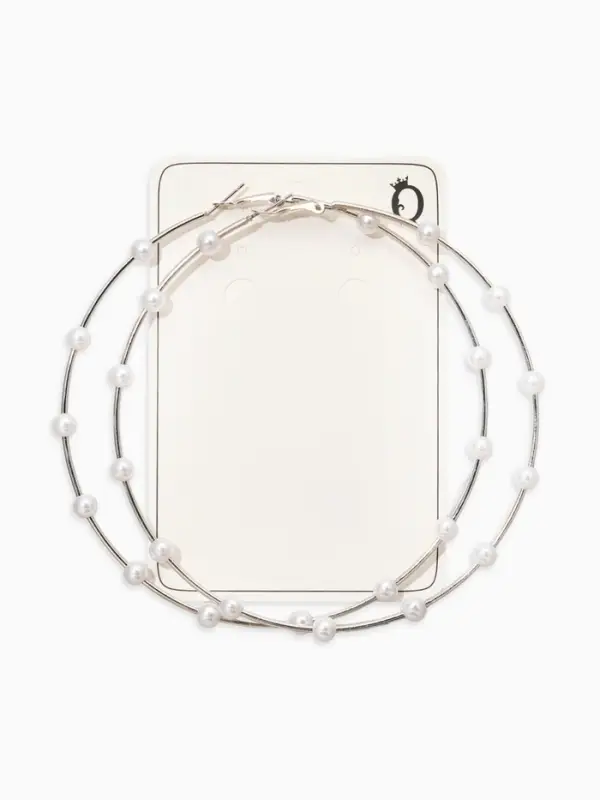 Серьги-кольца "Жемчуг" d=10см. №6, цвет белый в серебре