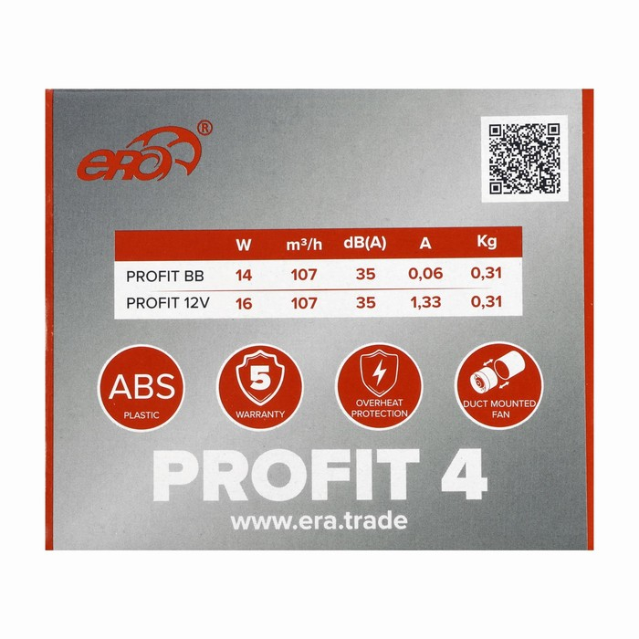 Вентилятор вытяжной ERA PROFIT 4, d=100 мм, 220‒240 В, канальный Вентилятор вытяжной ERA PROFIT 4, d=100 мм, 220‒240 В, канальный