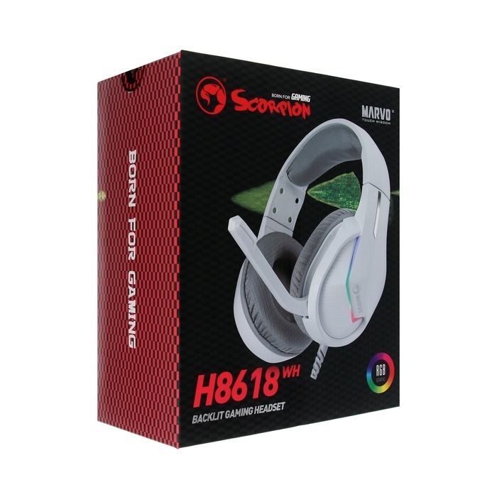 Наушники Marvo H8618 WH, игровые, полноразмерные, микрофон, USB, 2 м, RGB, серый Наушники Marvo H8618 WH, игровые, полноразмерные, микрофон, USB, 2 м, RGB, серый
