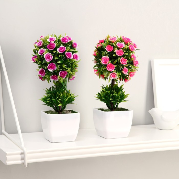 Бонсай в горшке "Деревце с розочками в кустах" 7х21 см, микс