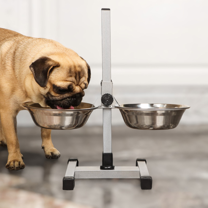 Подставка с мисками, 2 х 700 мл, высота 40 см, разборная с верхним фиксатором, хром Подставка с мисками, 2 х 700 мл, высота 40 см, разборная с верхним фиксатором, хром