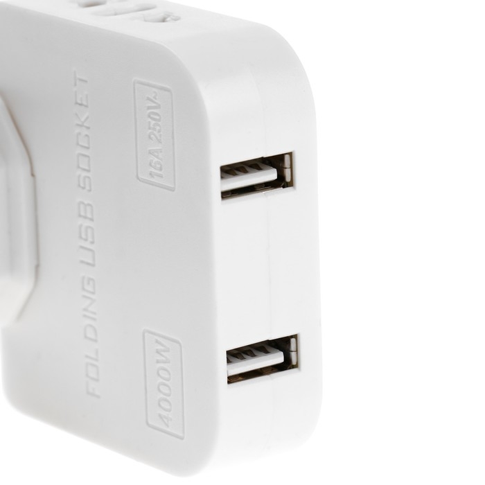 Тройник плоский, поворотный, 2 розетки, 10А, 2 USB, без з/к, белый Тройник плоский, поворотный, 2 розетки, 10А, 2 USB, без з/к, белый