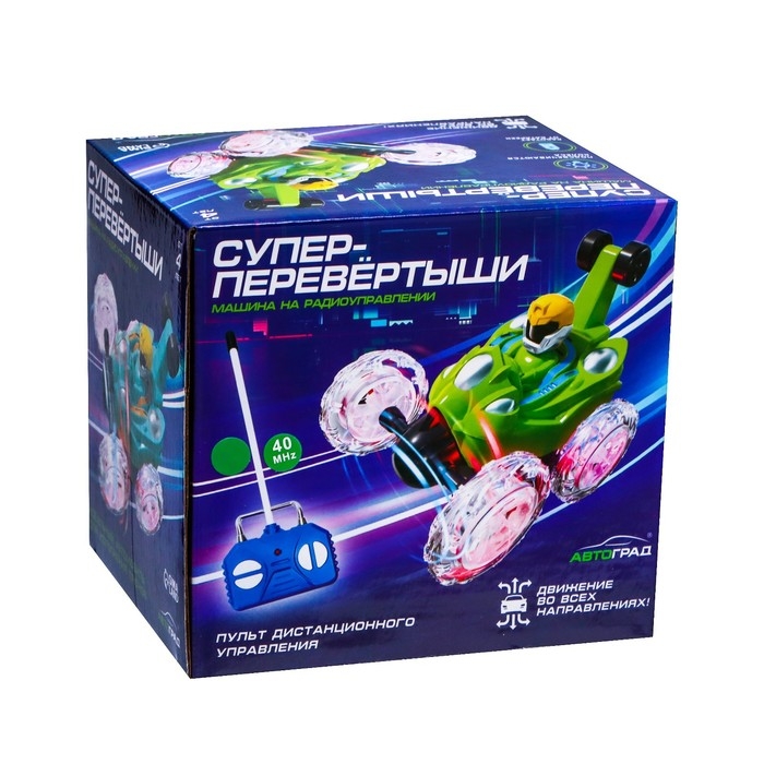 Машина-перевёртыш радиоуправляемая «Трюк», работает от батареек, световые эффекты, цвет зелёный Машина-перевёртыш радиоуправляемая «Трюк», работает от батареек, световые эффекты, цвет зелёный