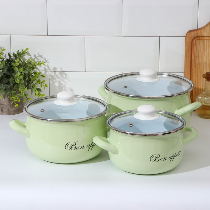 Набор кастрюль «Лайм», 3 предмета: 2,1 л, 3,1 л, 4 л, индукция, цвет светло-зелёный Набор кастрюль «Лайм», 3 предмета: 2,1 л, 3,1 л, 4 л, индукция, цвет светло-зелёный
