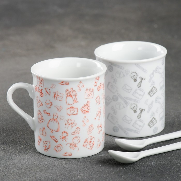 Набор керамический «Муж и жена»: кружка 140 мл 2 шт., ложка 2 шт., цвет белый Набор керамический «Муж и жена»: кружка 140 мл 2 шт., ложка 2 шт., цвет белый