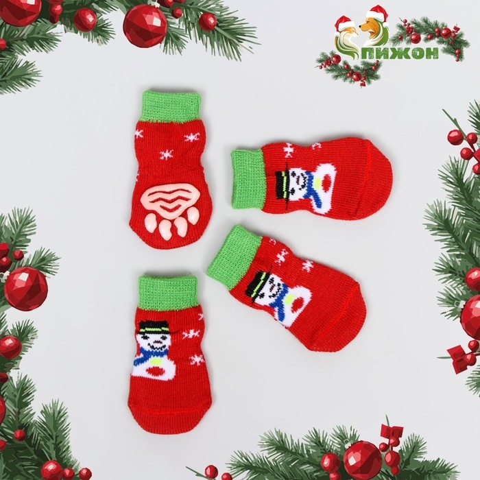 Носки нескользящие "Снеговики", M (3/4 * 7 см), набор 4 шт, красные