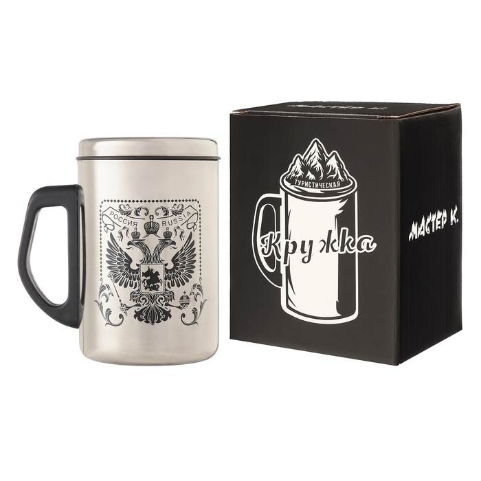 Термокружка, 500 мл, Сталь Термокружка, 500 мл, Сталь "Герб России", сохраняет тепло 2 ч, 13.5 х 8.3 см