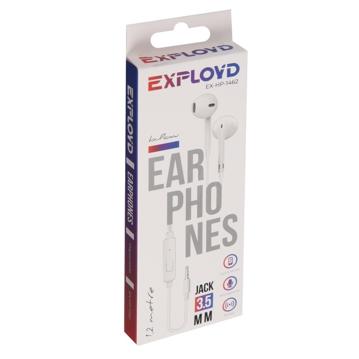 Наушники Exployd EX-HP-1462, вкладыши, микрофон, проводные, 108 дБ, 3.5 мм,1.2 м, белые Наушники Exployd EX-HP-1462, вкладыши, микрофон, проводные, 108 дБ, 3.5 мм,1.2 м, белые