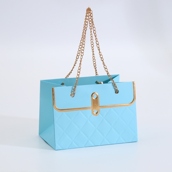 Пакет для цветов, ручка цепь, Пакет для цветов, ручка цепь, "Лазурный", с золотым тиснением, 15 х 10,5 х 10 см