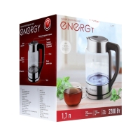 Чайник электрический ENERGY E-207Т, стекло, 1.7 л, 2200 Вт, серо-чёрный