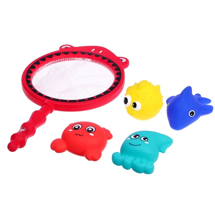 Резиновые игрушки, для купания в ванной, набор, с сачком, МИКС Резиновые игрушки, для купания в ванной, набор, с сачком, МИКС