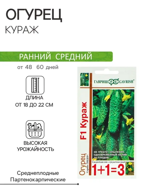 Семена Огурец &laquo;Кураж&raquo;, F1, серия &laquo;1+1&raquo;, 20 шт., &laquo;Гавриш&raquo;