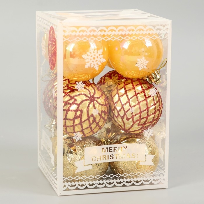 Набор шаров пластик d-6 см, 12 шт Набор шаров пластик d-6 см, 12 шт "Мелодия" грани, золото