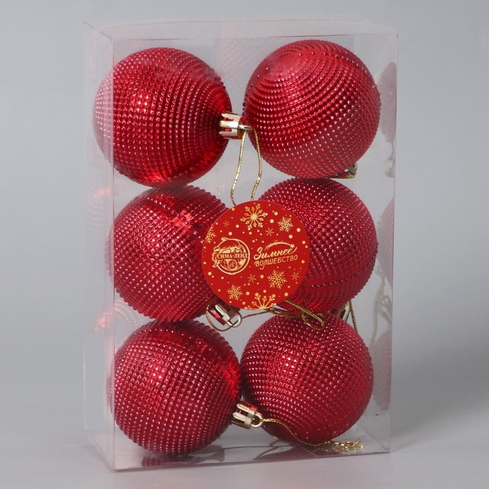 Набор шаров пластик d-6 см, 6 шт "Текстура" красный