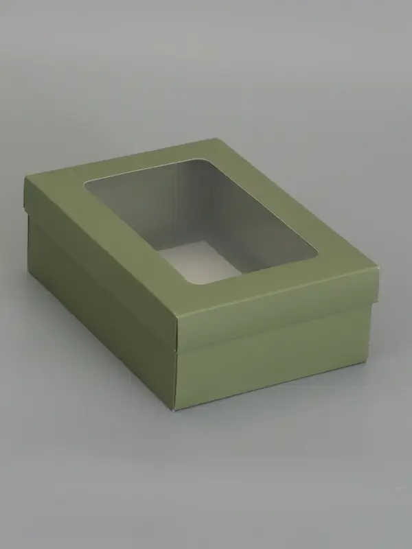 Коробка складная, крышка-дно, с окном, оливковая, 24 х 17 х 8 см