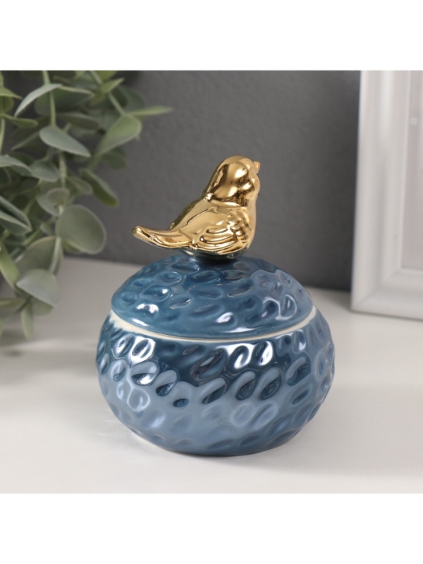 Шкатулка керамика "Золотая птичка на гнезде" синий перламутр 8,5х8,5х10 см
