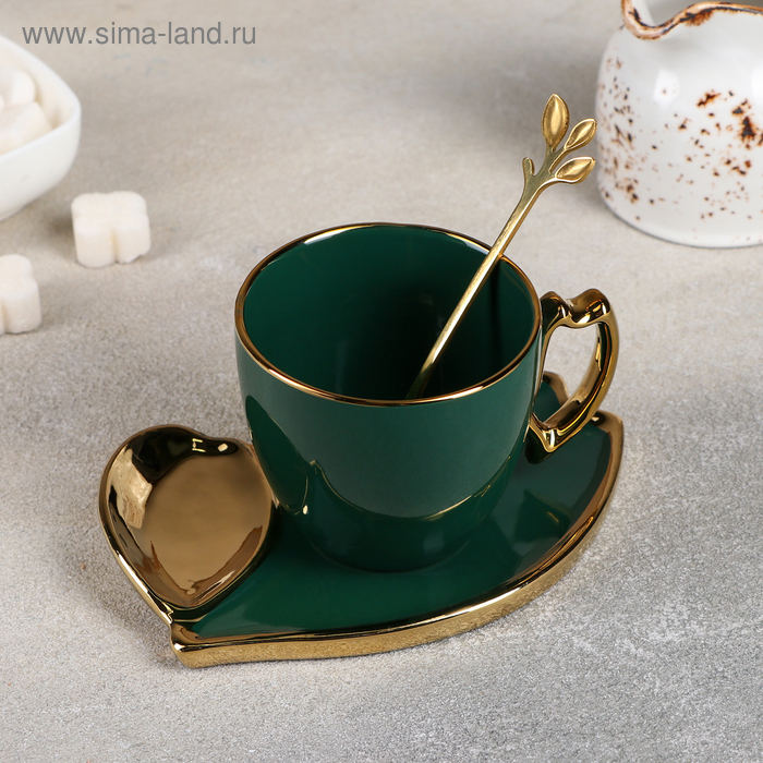 Чайная пара керамическая «Ливона», 3 предмета: чашка 200 мл, блюдце d=14 см, ложка, цвет изумрудный Чайная пара керамическая «Ливона», 3 предмета: чашка 200 мл, блюдце d=14 см, ложка, цвет изумрудный