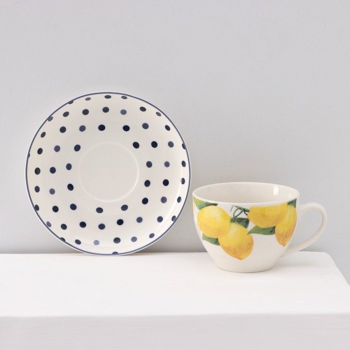 Сервиз фарфоровый чайный Доляна «Лимон», 12 предметов: 6 чашек 250 мл, 6 блюдец d=15,5 см, цвет белый