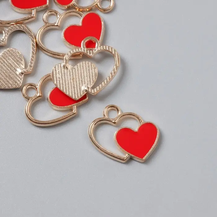 Металлический элемент, декоративная подвеска «Арт Узор. Два сердца», эмаль, красный с золотом, 1.5×1.7 см