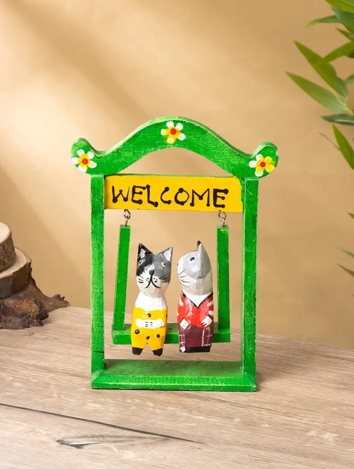 Сувенир интерьерный "Кошечки на качелях" 15х7х25 см, дерево, цв. зелёный