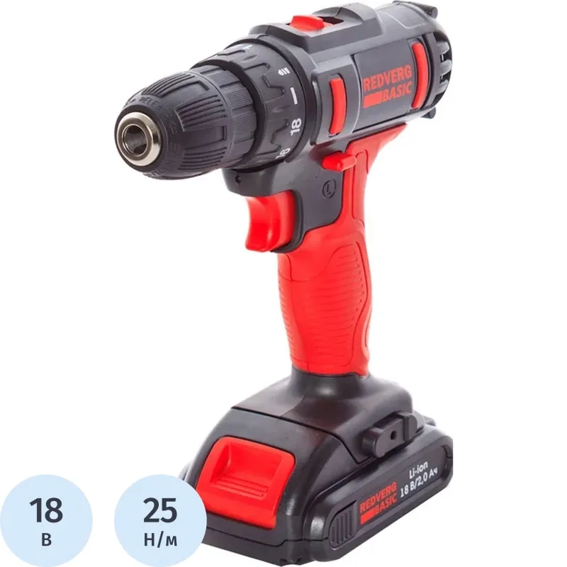 Дрель-шуруповерт акк. REDVERG Basic SD18LE/2-2 2 АКБ x Li-ion  (18В, 2 Ач)