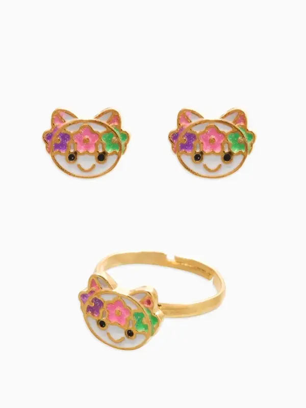 Набор детский "Выбражулька" 3 пред-а: кулон, кольцо, серьги, котик, разноцветный в золоте