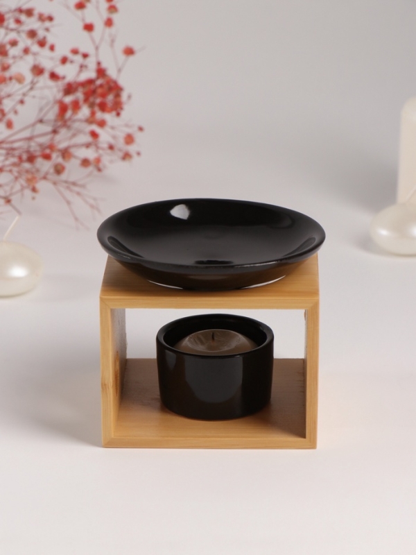 Аромалампа бамбук, керамика с подставкой под свечу "Строгие линии" чёрная 9,8х9,8х8 см
