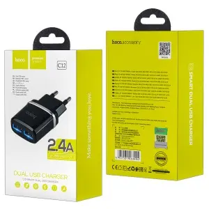 Переходник сетевого зарядного устройства на 2 USB 2.4A C12 HOCO черный
