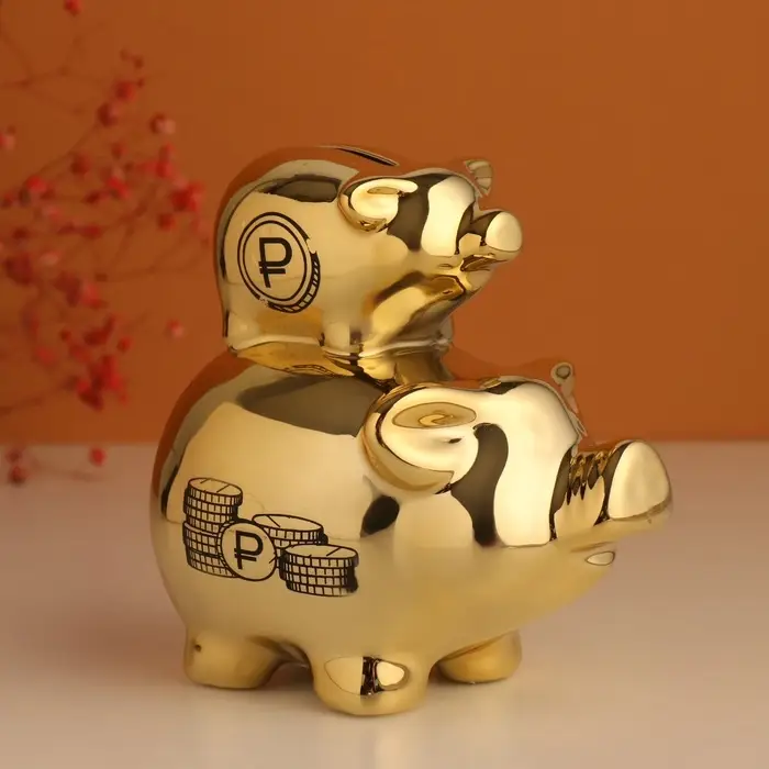 Копилка для денег &laquo;Свинки: Накопилка&raquo;, керамика, золотая, 12.5&times;8&times;14 см