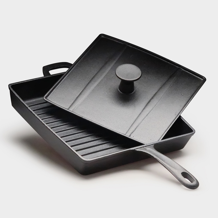 Сковорода рифленая чугунная с крышкой - прессом, 27×27 см Сковорода рифленая чугунная с крышкой - прессом, 27×27 см