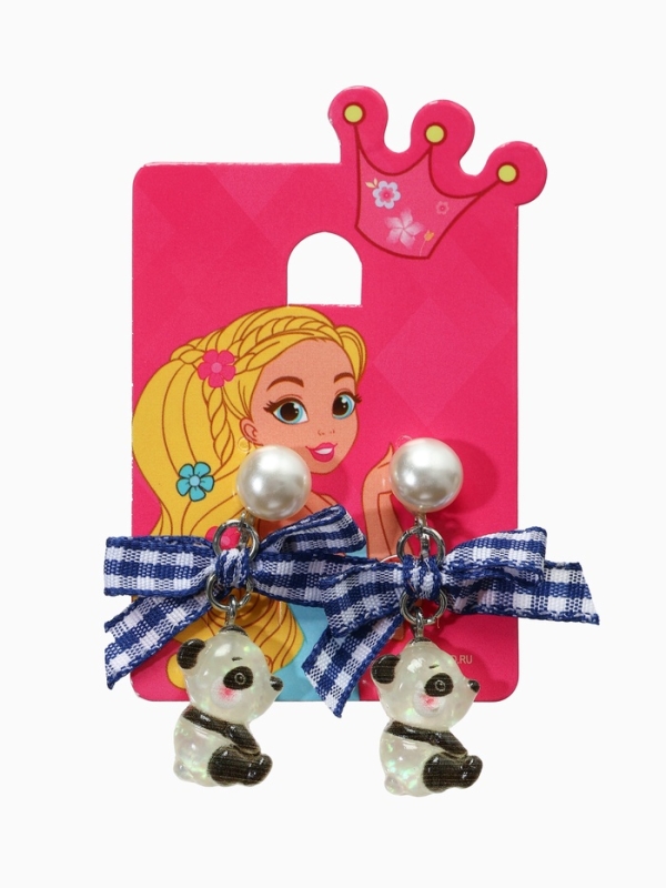 Серьги-клипсы детские  Серьги-клипсы детские "Выбражулька" панда с бантом клетка и жемчужиной, цветные