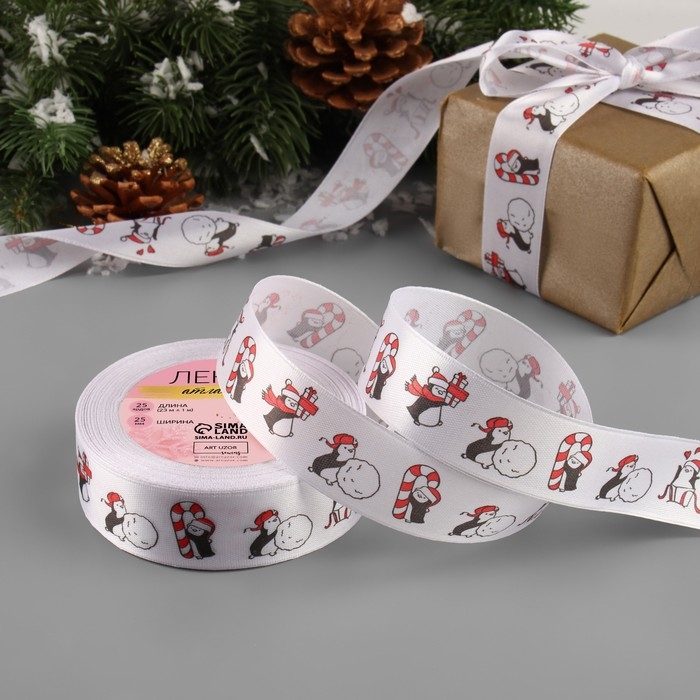 Лента атласная «Пингвины», 25 мм, 23 ± 1 м, цвет белый/красный/чёрный Лента атласная «Пингвины», 25 мм, 23 ± 1 м, цвет белый/красный/чёрный