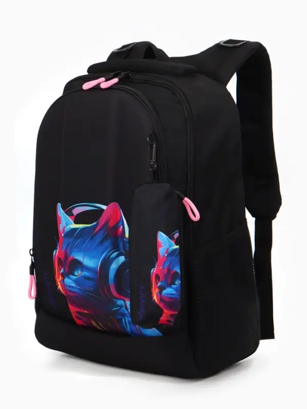 Рюкзак школьный для девочки &laquo;Котик&raquo;, с пеналом, эргономичная спинка, 32&times;17&times;41 см, чёрный