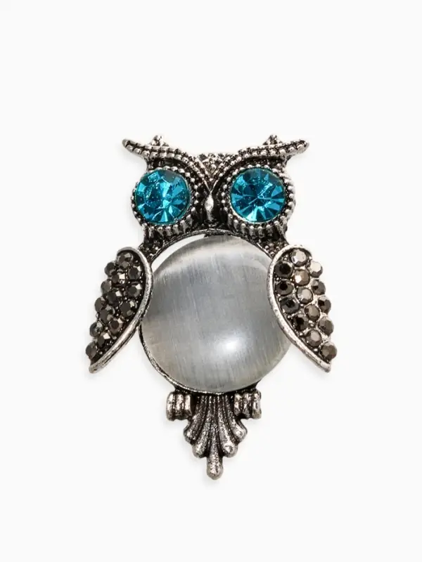 Брошь &laquo;Сова круглая&raquo;, белый, синяя в чернёном серебре