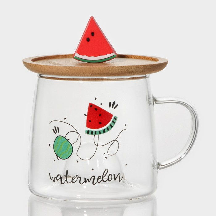 Кружка стеклянная с деревянной крышкой «Арбузик», 300 мл