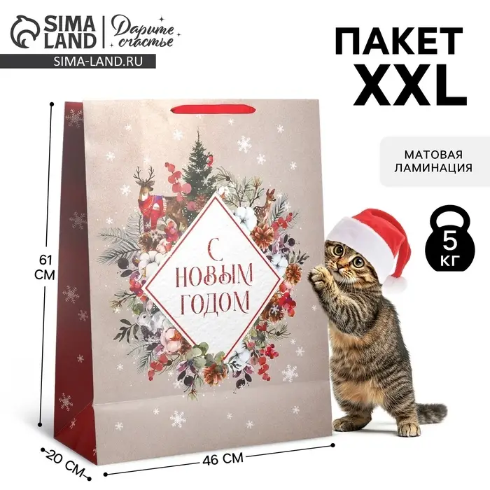 Пакет подарочный новогодний ламинированный &laquo;С Новым годом&raquo;, 61&times;46&times;20 см
